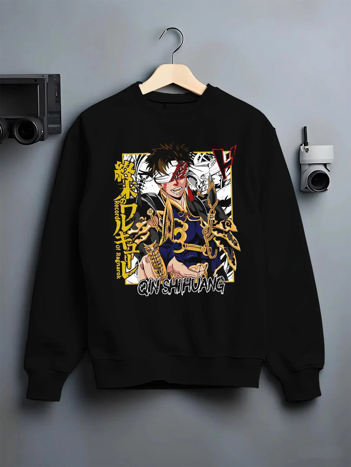 Black crewneck sweatshirt on hanger featuring Qin Shi Huang emperor battle Record of Ragnarok artwork.