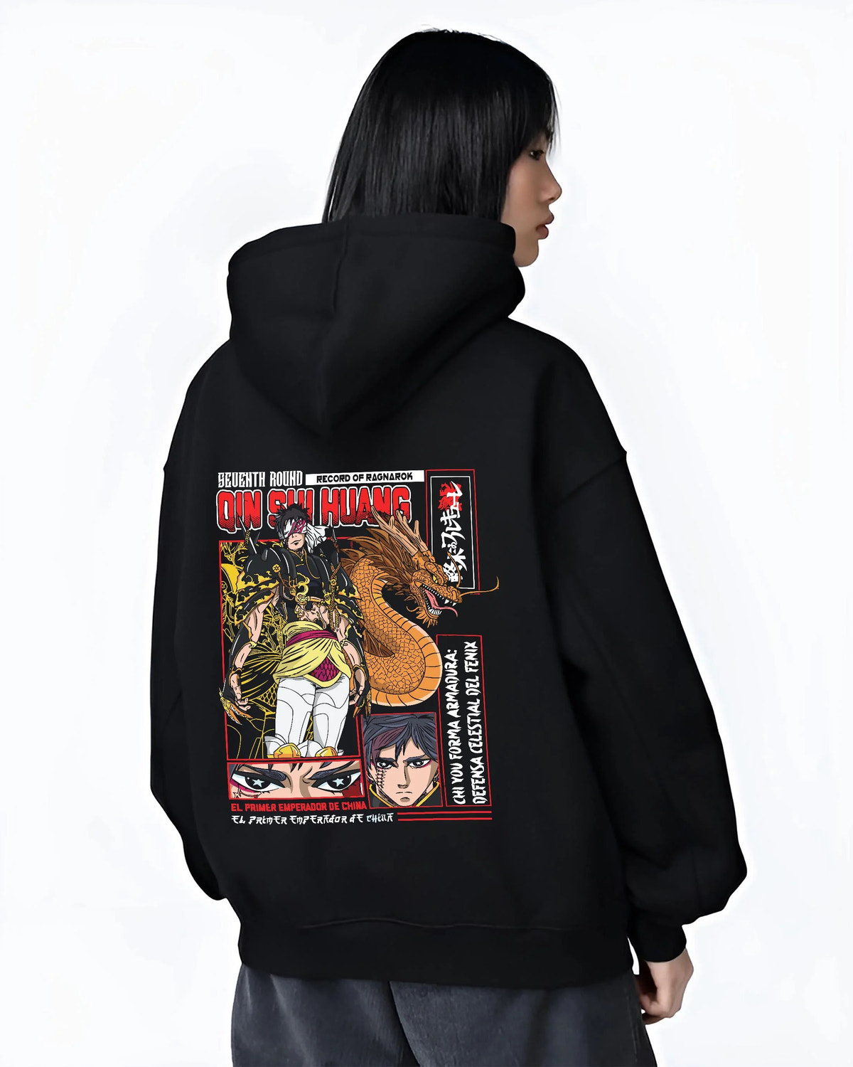Black hoodie worn by female model from the back featuring Qin Shi Huang dragon emperor Record of Ragnarok artwork.