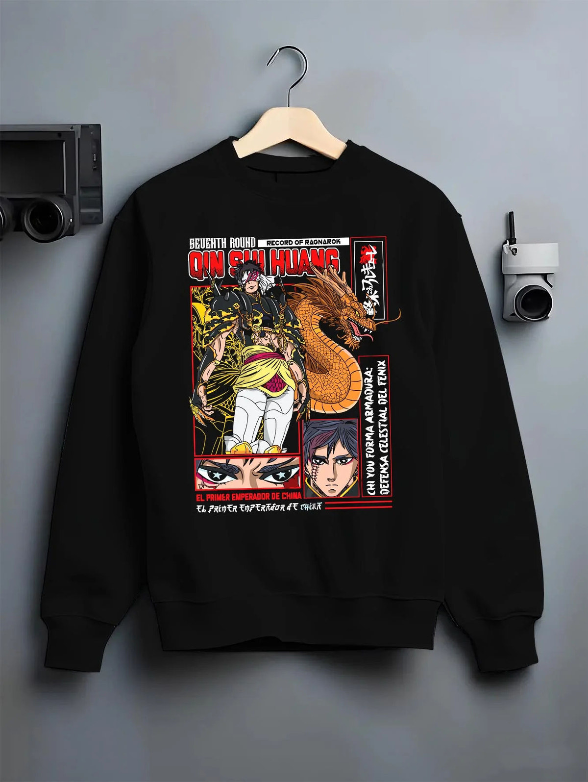 Black crewneck sweatshirt on hanger featuring Qin Shi Huang dragon emperor Record of Ragnarok artwork.