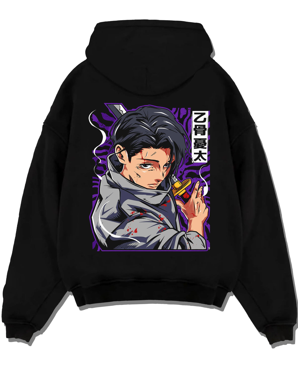 Black hoodie laid flat featuring Yuta Okkotsu cursed energy Jujutsu Kaisen artwork.