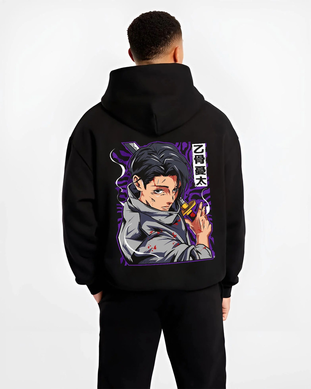 Black hoodie worn by male model from the back featuring Yuta Okkotsu cursed energy Jujutsu Kaisen artwork.