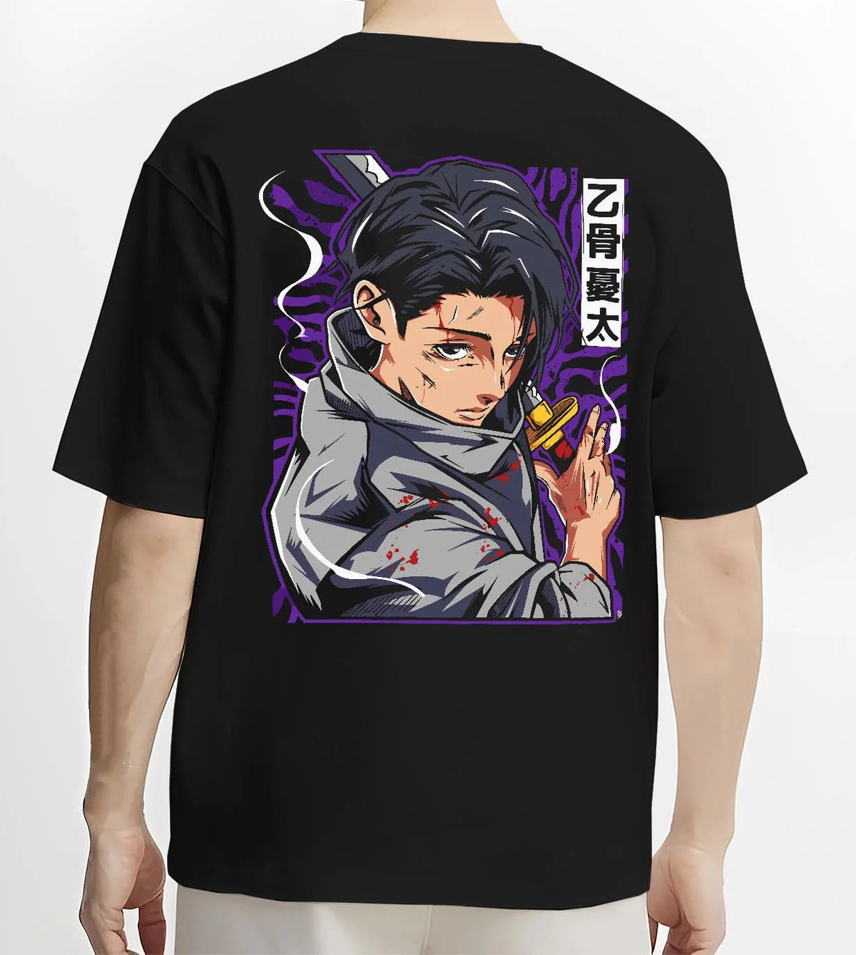Black T-shirt worn by male model from the back featuring Yuta Okkotsu cursed energy Jujutsu Kaisen artwork.