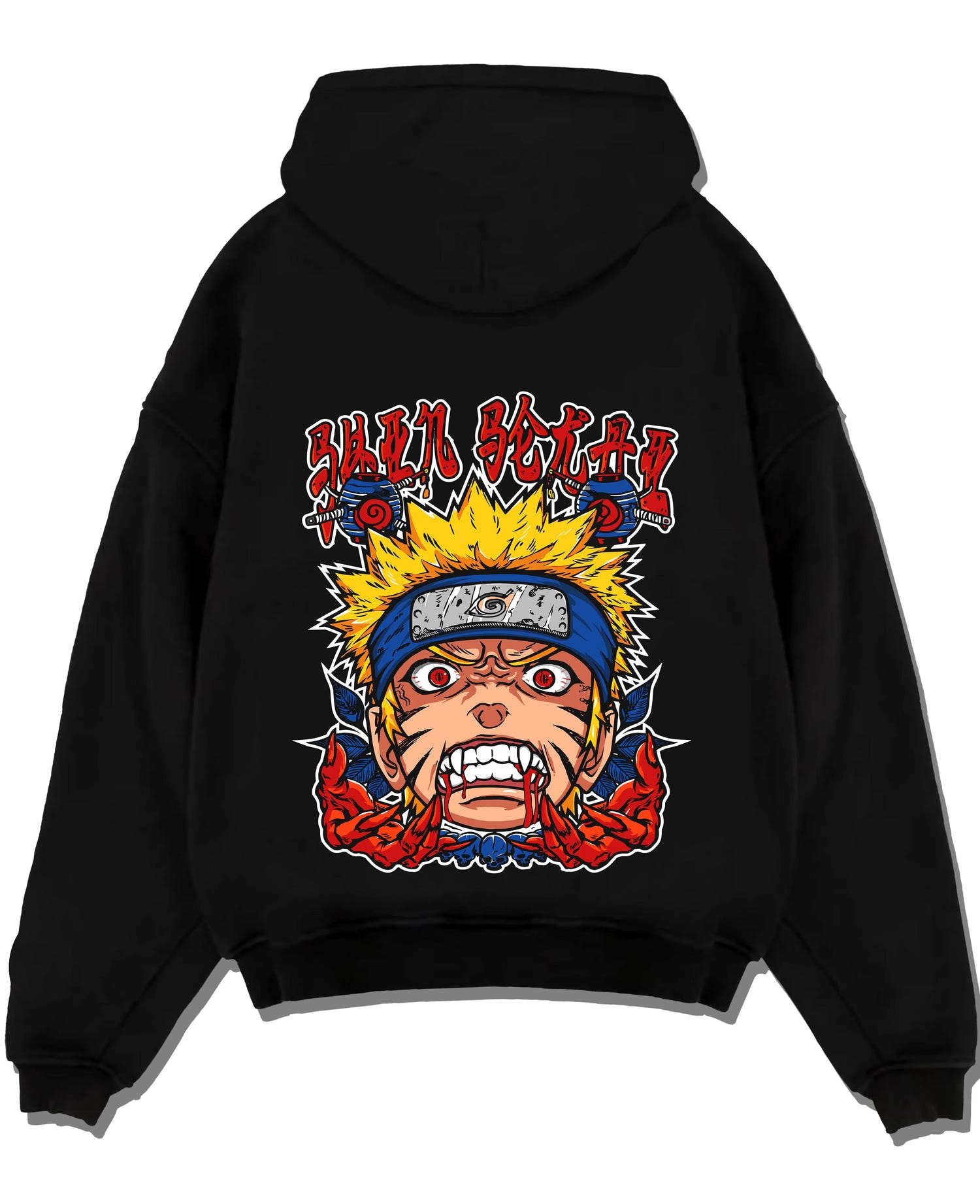 Black pullover hoodie laid flat with Naruto Uzumaki Hoodie Naruto Shippuden Rage FX graphic bold anime graphic.