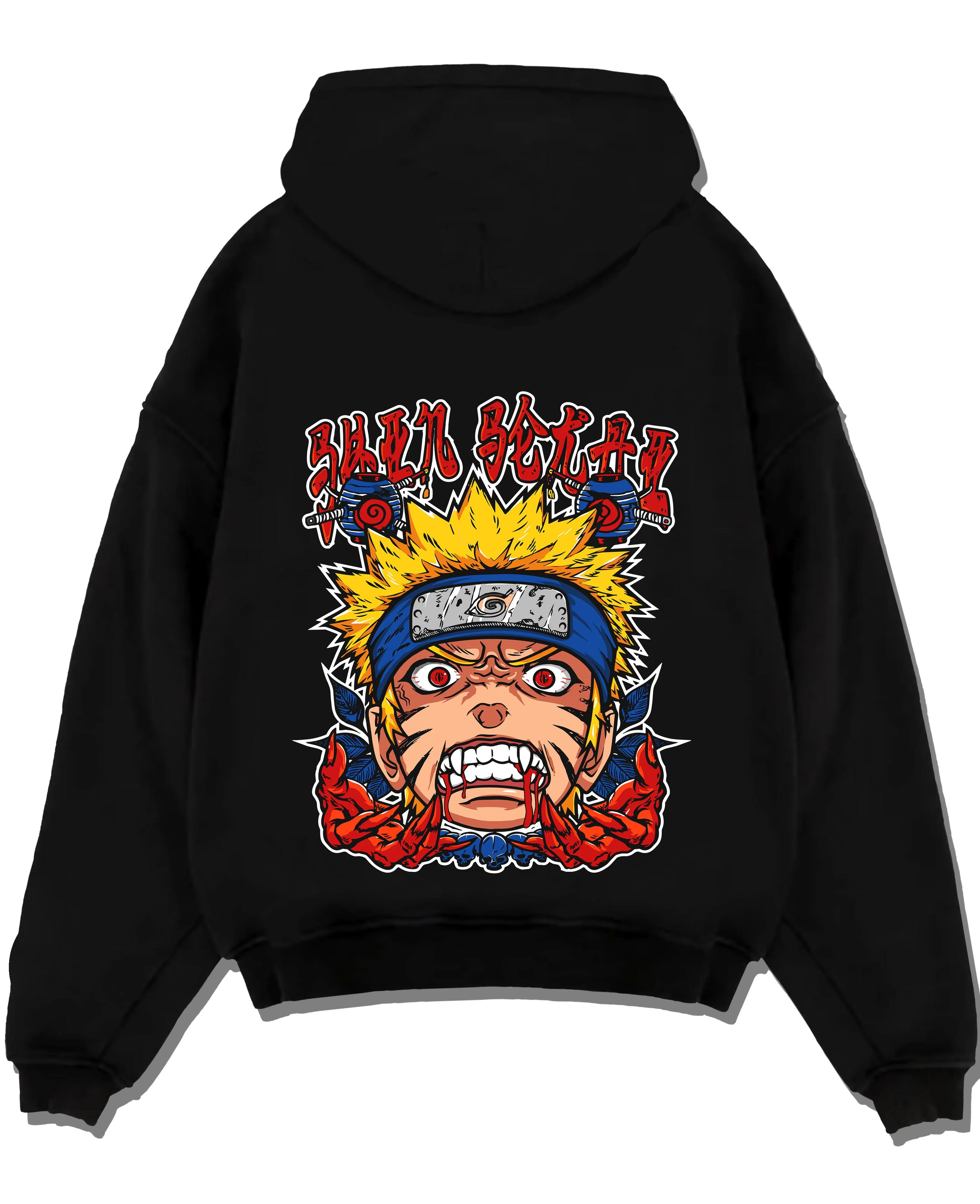 Black pullover hoodie laid flat with Naruto Uzumaki Hoodie Naruto Shippuden Rage FX graphic bold anime graphic.