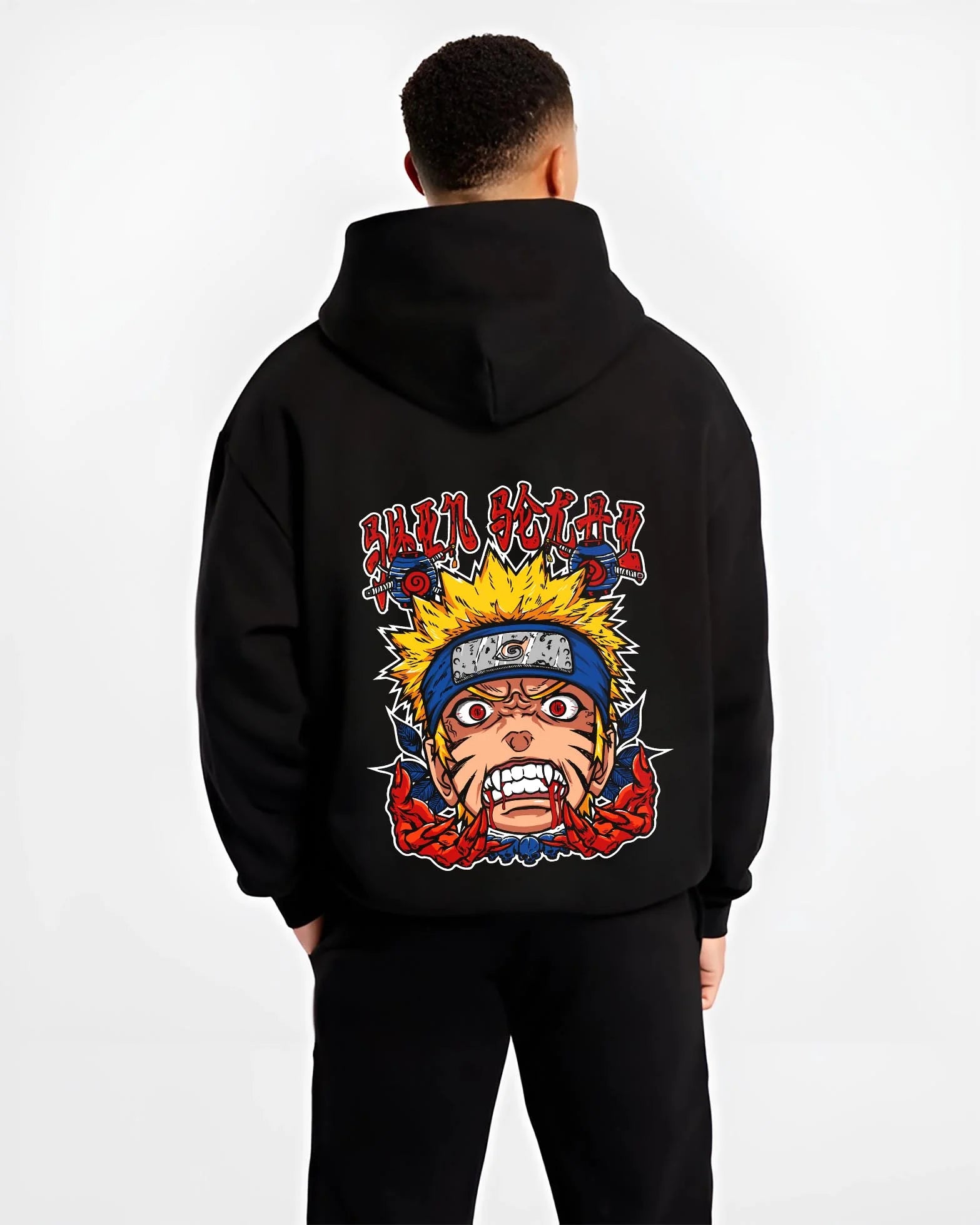 Black hoodie worn by male model, back view with Naruto Uzumaki Hoodie Naruto Shippuden Rage FX graphic bold anime graphic.