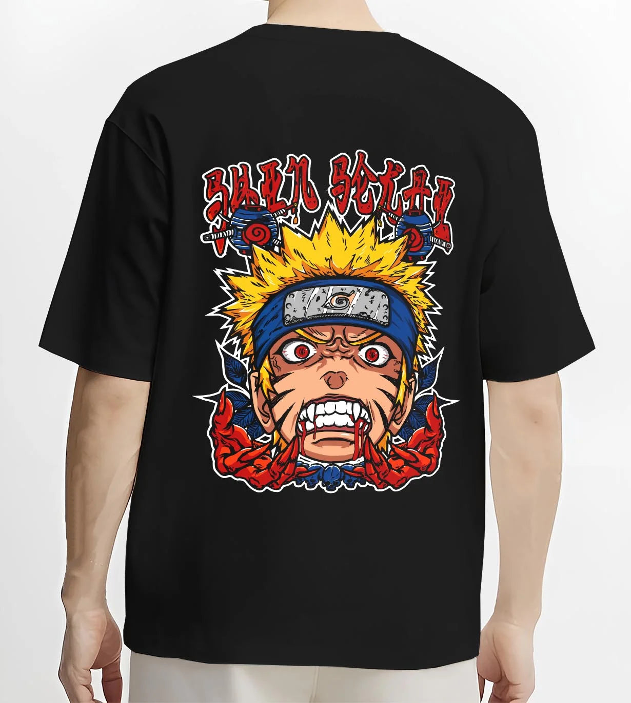 Black T-shirt worn by male model, back view with Naruto Uzumaki Hoodie Naruto Shippuden Rage FX graphic premium wear.