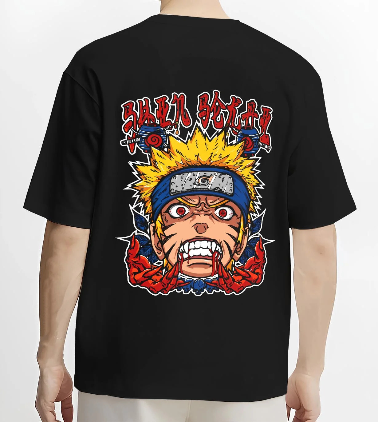 Black T-shirt worn by male model, back view with Naruto Uzumaki Hoodie Naruto Shippuden Rage FX graphic premium wear.