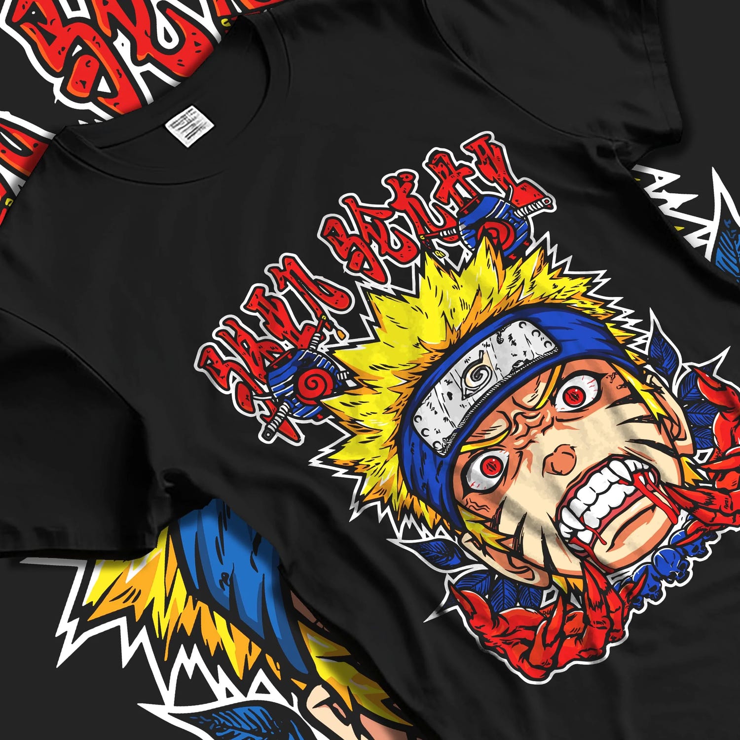 Black T-shirt laid flat with natural folds with Naruto Uzumaki Hoodie Naruto Shippuden Rage FX graphic bold anime graphic.