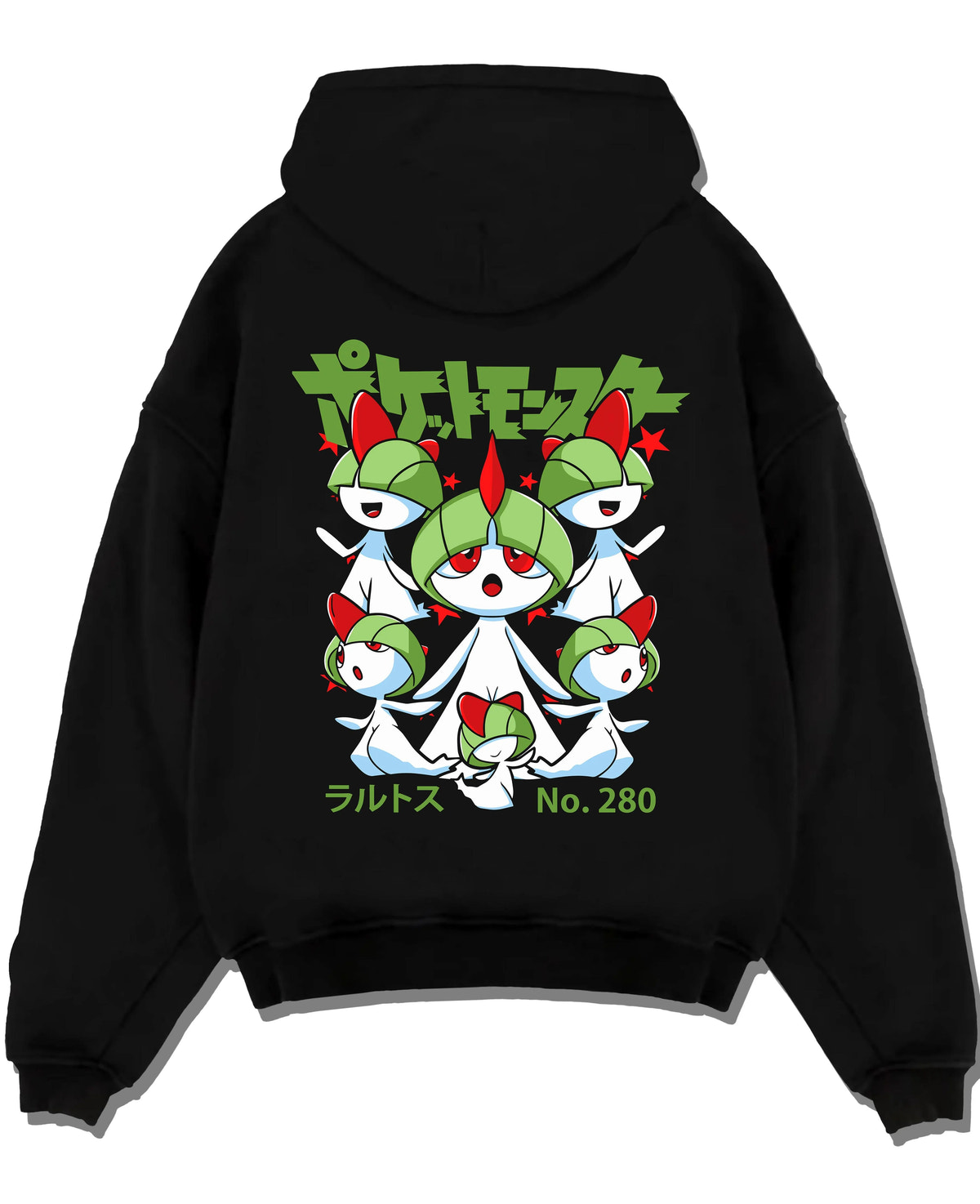 Black hoodie laid flat featuring Ralts psychic fairy evolution family Pokemon artwork.