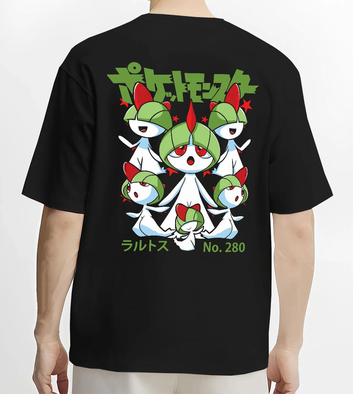 Black T-shirt worn by male model from the back featuring Ralts psychic fairy evolution family Pokemon artwork.