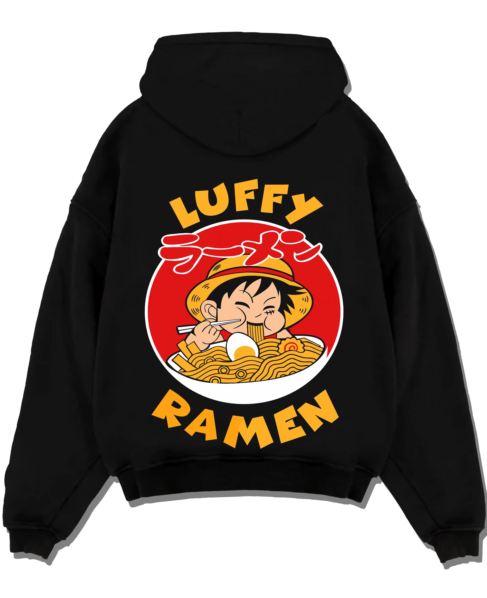 Black pullover hoodie laid flat with Luffy Ramen Hoodie One Piece Pirate Food Design graphic streetwear graphic.