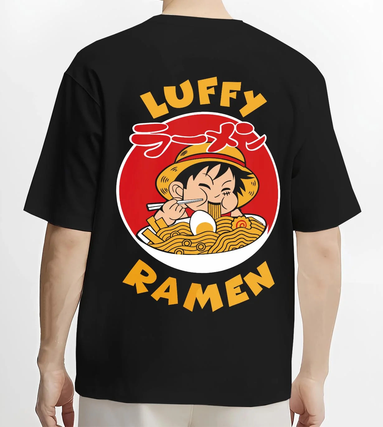 Black T-shirt worn by male model, back view with Luffy Ramen Hoodie One Piece Pirate Food Design graphic premium wear.