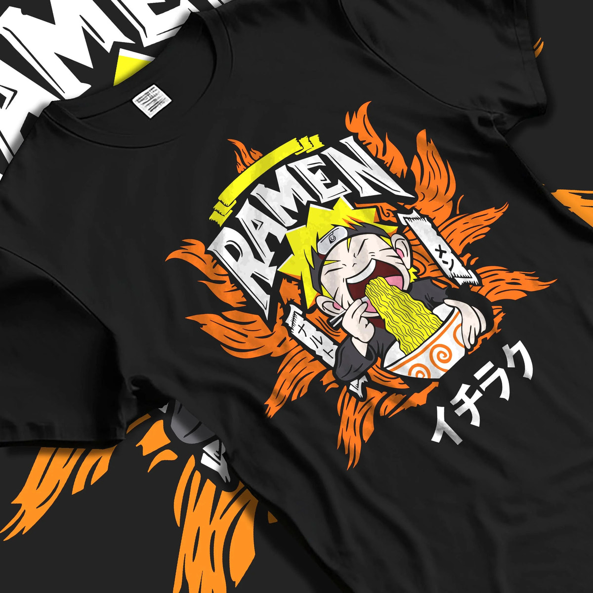 Black T-shirt laid flat with natural folds featuring Naruto Ichiraku ramen artwork.