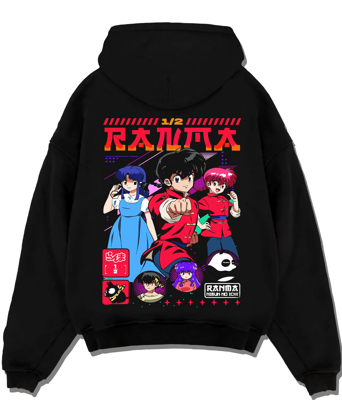 Black hoodie laid flat featuring Ranma 1/2 martial arts comedy cast artwork.