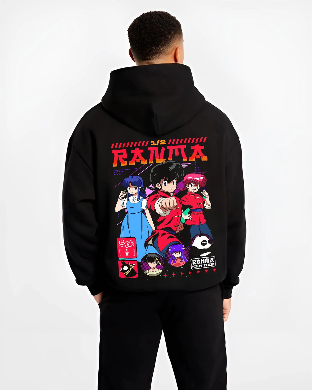 Black hoodie worn by male model from the back featuring Ranma 1/2 martial arts comedy cast artwork.