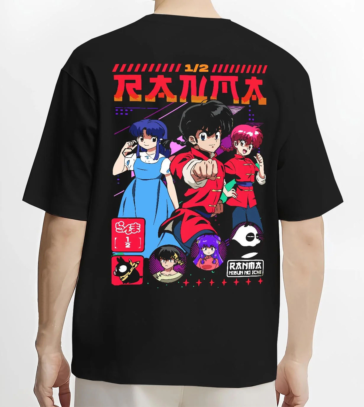 Black T-shirt worn by male model from the back featuring Ranma 1/2 martial arts comedy cast artwork.