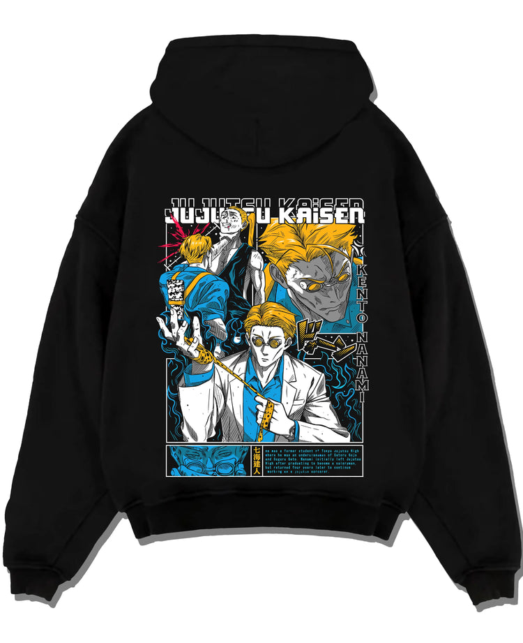 Black pullover hoodie laid flat with Kento Nanami Hoodie Jujutsu Kaisen Manga Scene graphic premium wear.