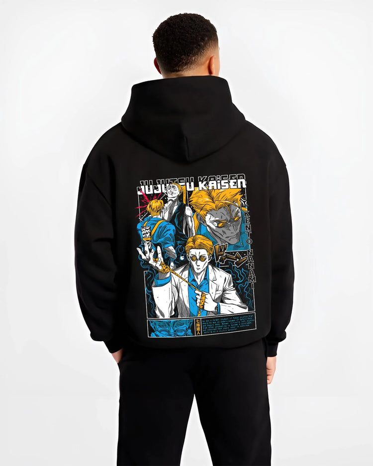 Black hoodie worn by male model, back view with Kento Nanami Hoodie Jujutsu Kaisen Manga Scene graphic streetwear graphic.