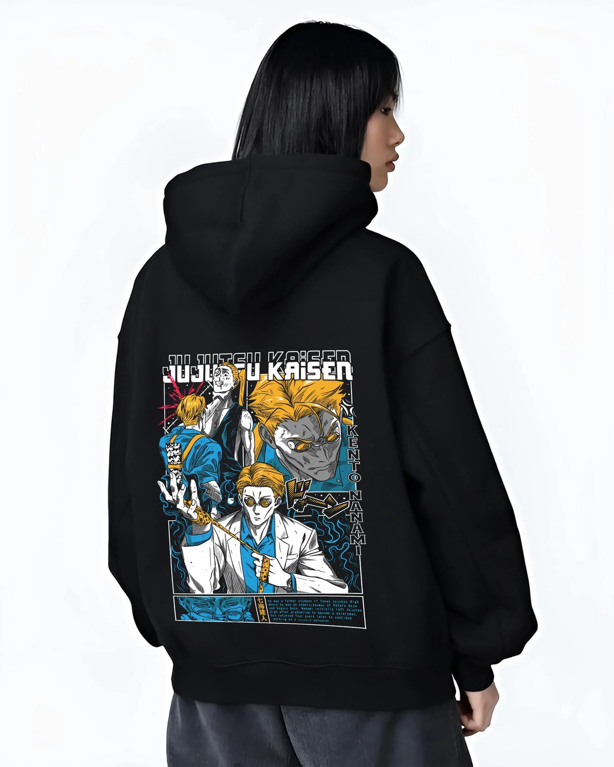 Black hoodie worn by female model, back view with Kento Nanami Hoodie Jujutsu Kaisen Manga Scene graphic bold anime graphic.