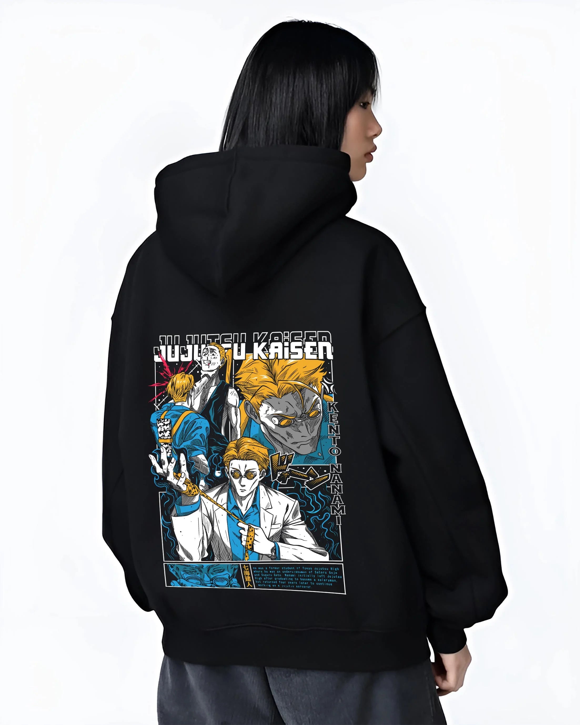 Black hoodie worn by female model, back view with Kento Nanami Hoodie Jujutsu Kaisen Manga Scene graphic bold anime graphic.
