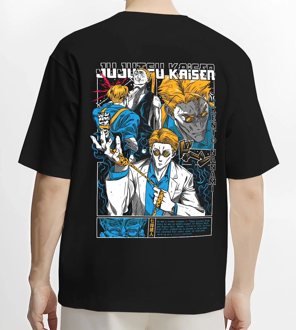 Black T-shirt worn by male model, back view with Kento Nanami Hoodie Jujutsu Kaisen Manga Scene graphic streetwear graphic.