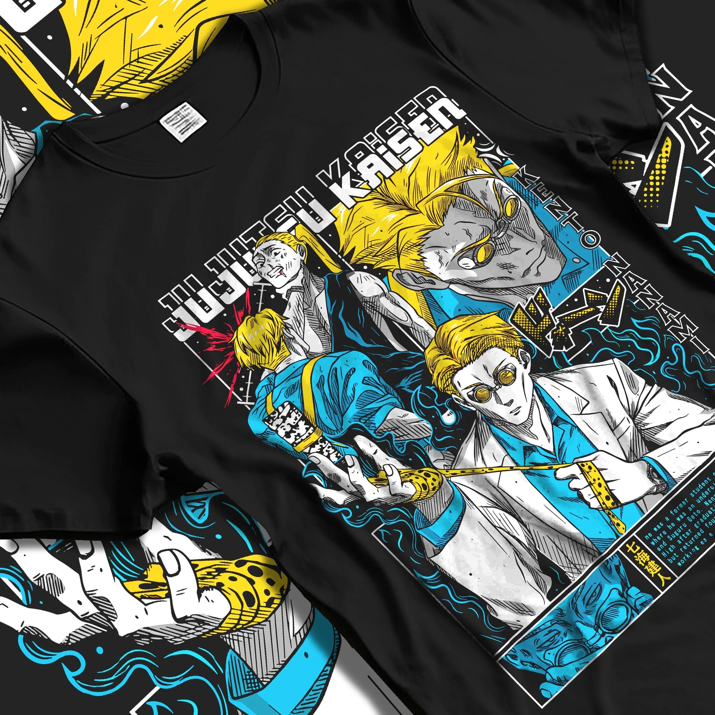 Black T-shirt laid flat with natural folds with Kento Nanami Hoodie Jujutsu Kaisen Manga Scene graphic premium wear.