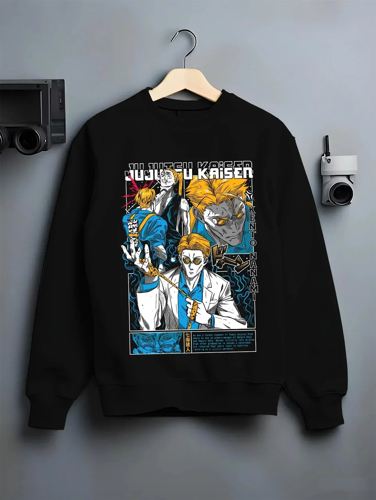 Black crewneck sweatshirt on hanger with Kento Nanami Hoodie Jujutsu Kaisen Manga Scene graphic premium wear.