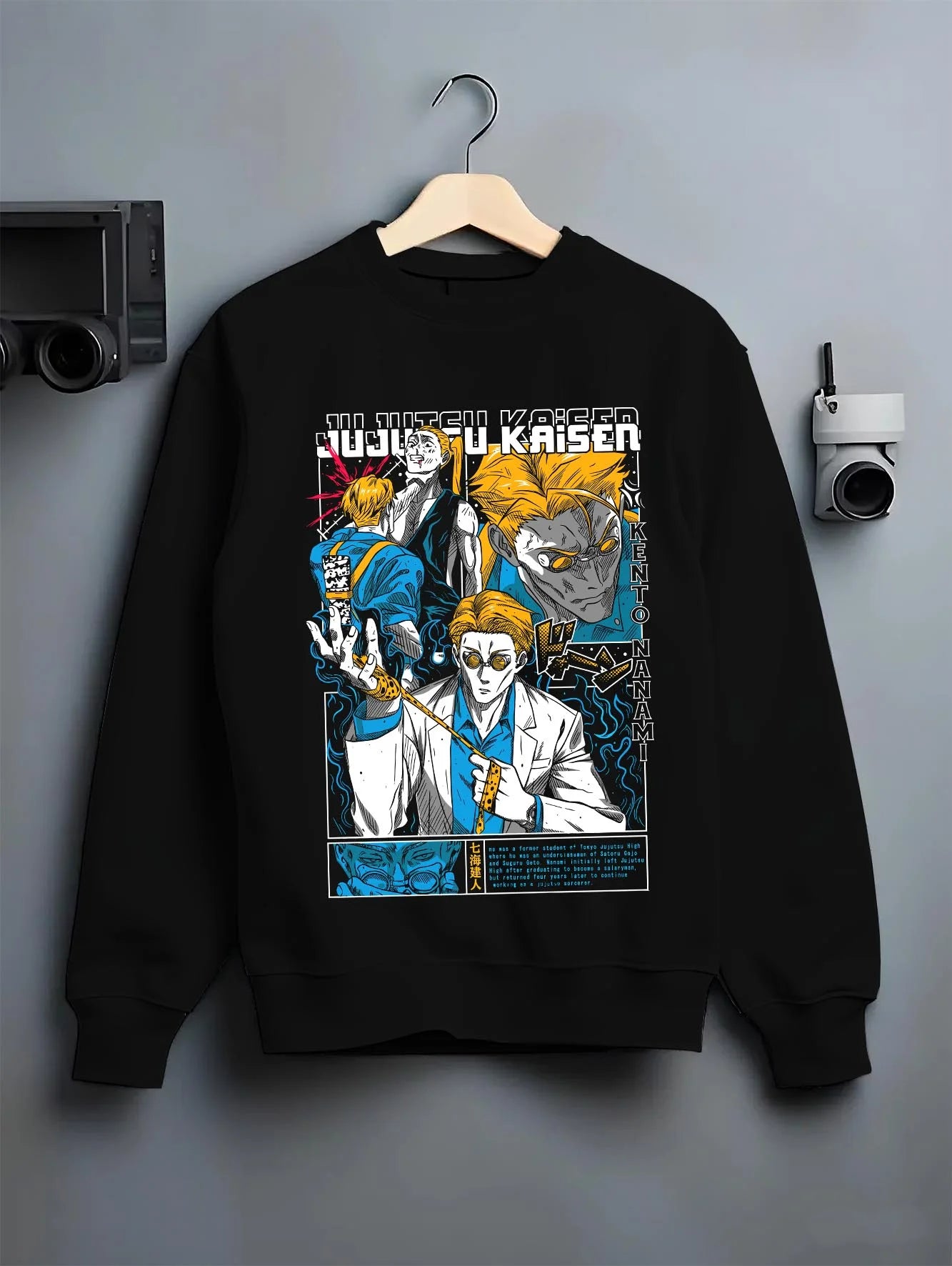 Black crewneck sweatshirt on hanger with Kento Nanami Hoodie Jujutsu Kaisen Manga Scene graphic premium wear.