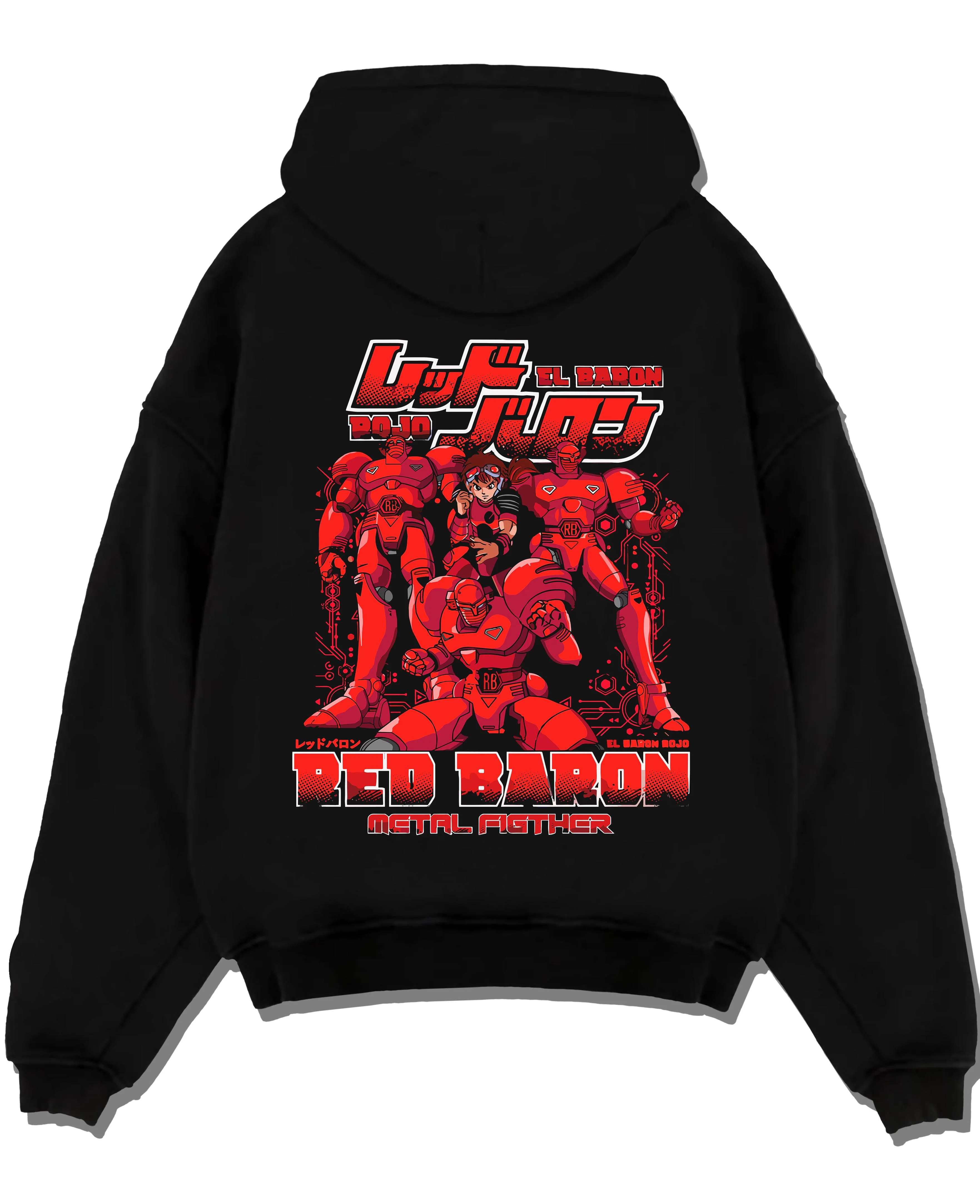 Black pullover hoodie laid flat with Red Baron Mecha Hoodie Retro 90s Anime Robot Fighter graphic premium wear.