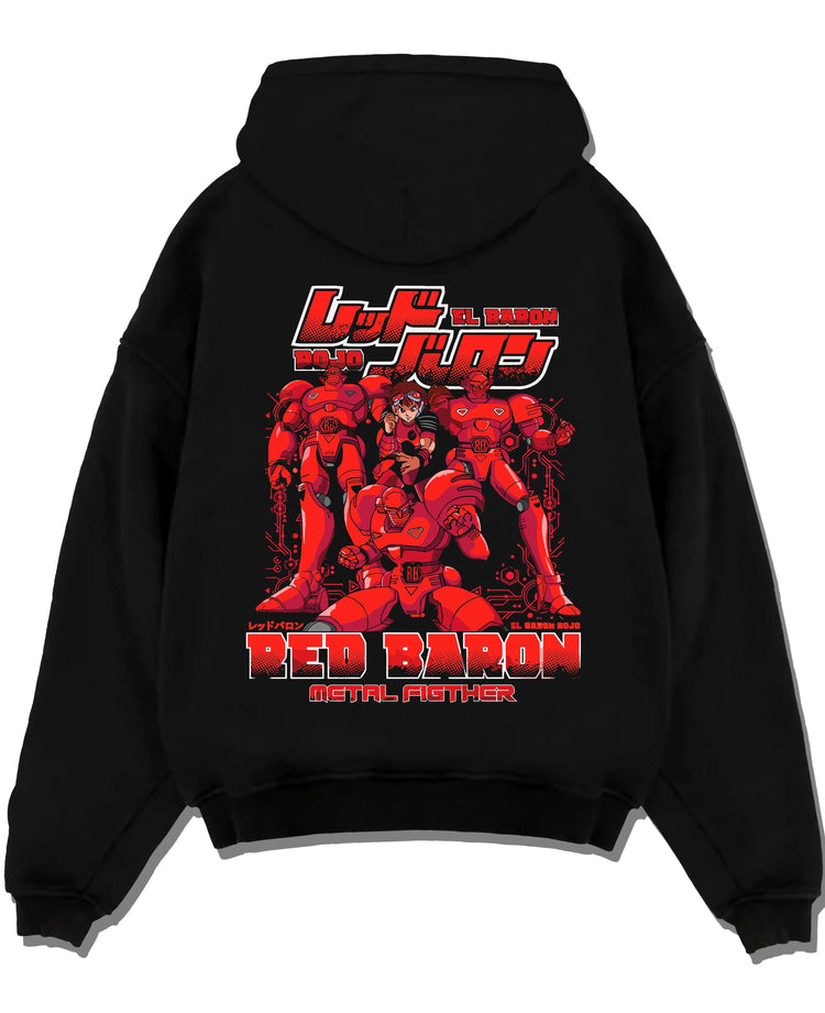 Black pullover hoodie laid flat with Red Baron Mecha Hoodie Retro 90s Anime Robot Fighter graphic premium wear.
