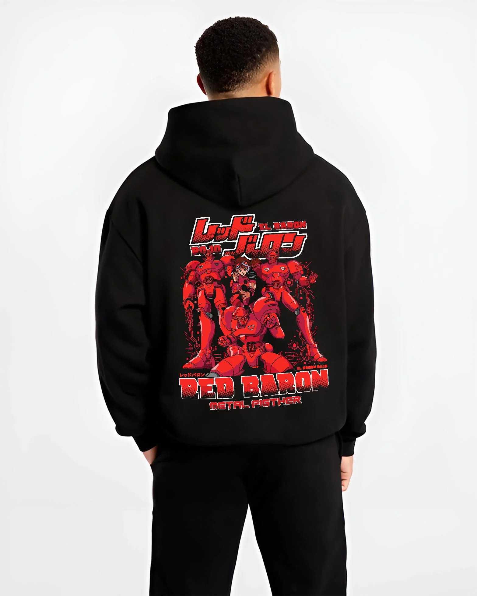 Black hoodie worn by male model, back view with Red Baron Mecha Hoodie Retro 90s Anime Robot Fighter graphic bold anime graphic.
