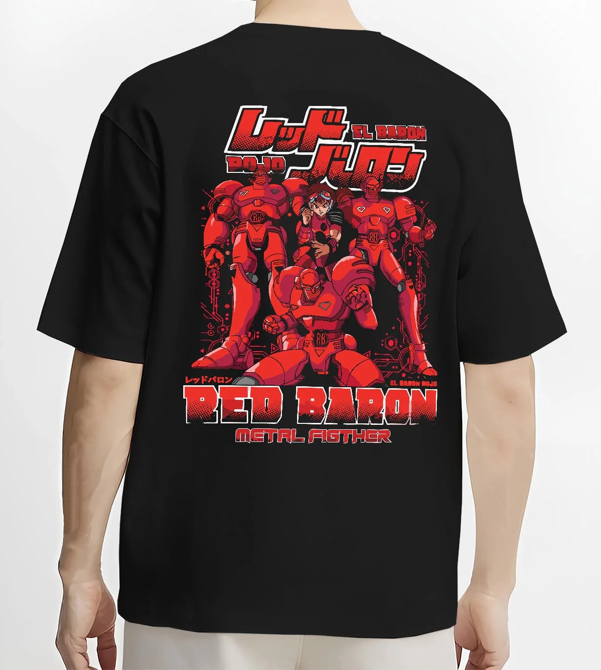 Black T-shirt worn by male model, back view with Red Baron Mecha Hoodie Retro 90s Anime Robot Fighter graphic streetwear graphic.