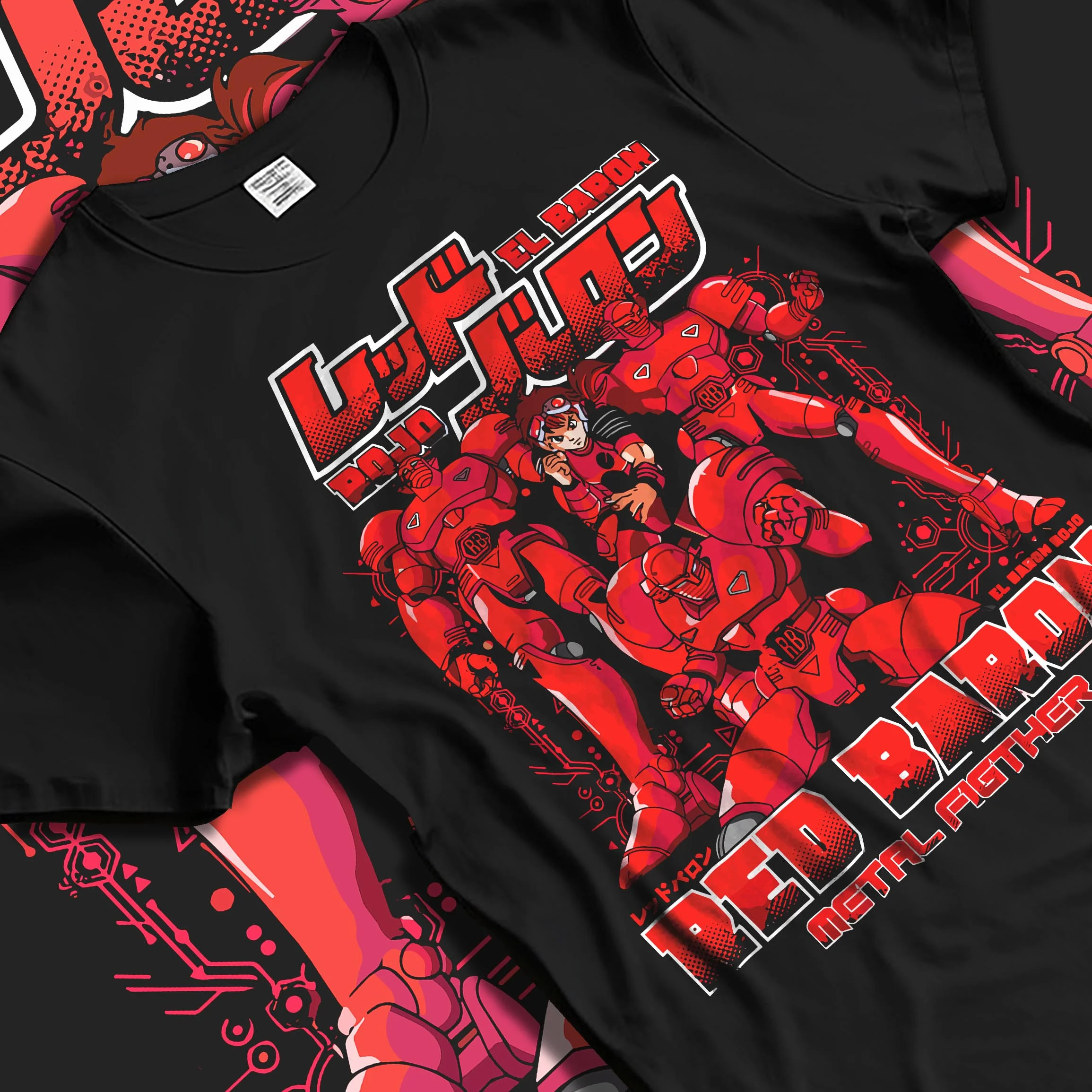 Black T-shirt laid flat with natural folds with Red Baron Mecha Hoodie Retro 90s Anime Robot Fighter graphic bold anime graphic.