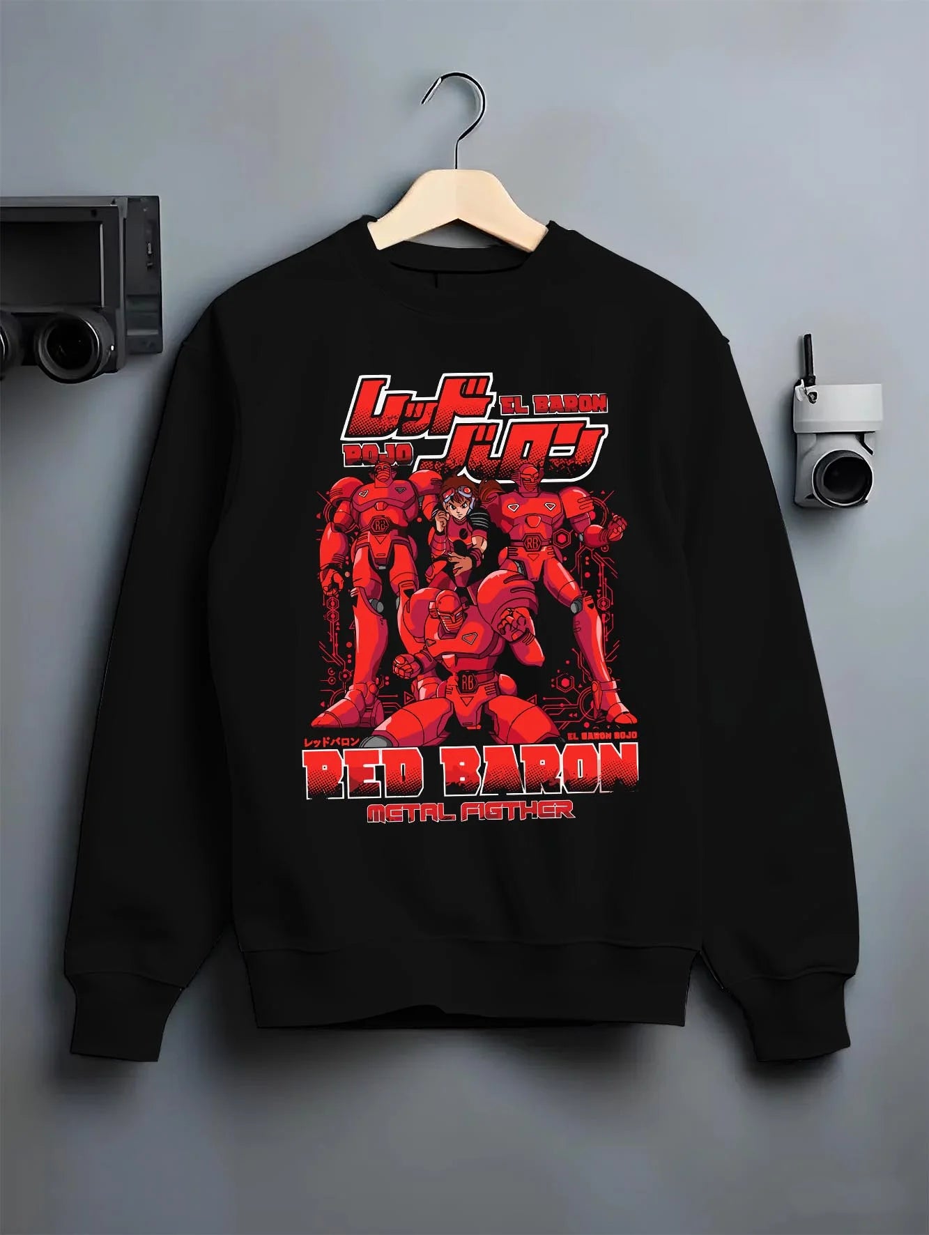 Black crewneck sweatshirt on hanger with Red Baron Mecha Hoodie Retro 90s Anime Robot Fighter graphic bold anime graphic.