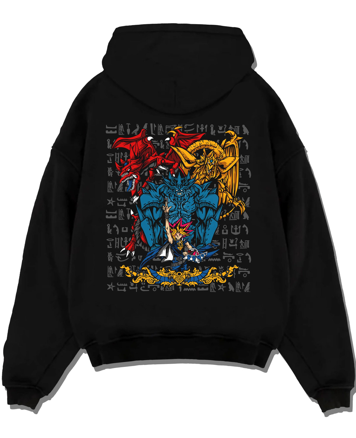 Black hoodie laid flat featuring Yugi with the Egyptian Gods Yu-Gi-Oh! artwork.