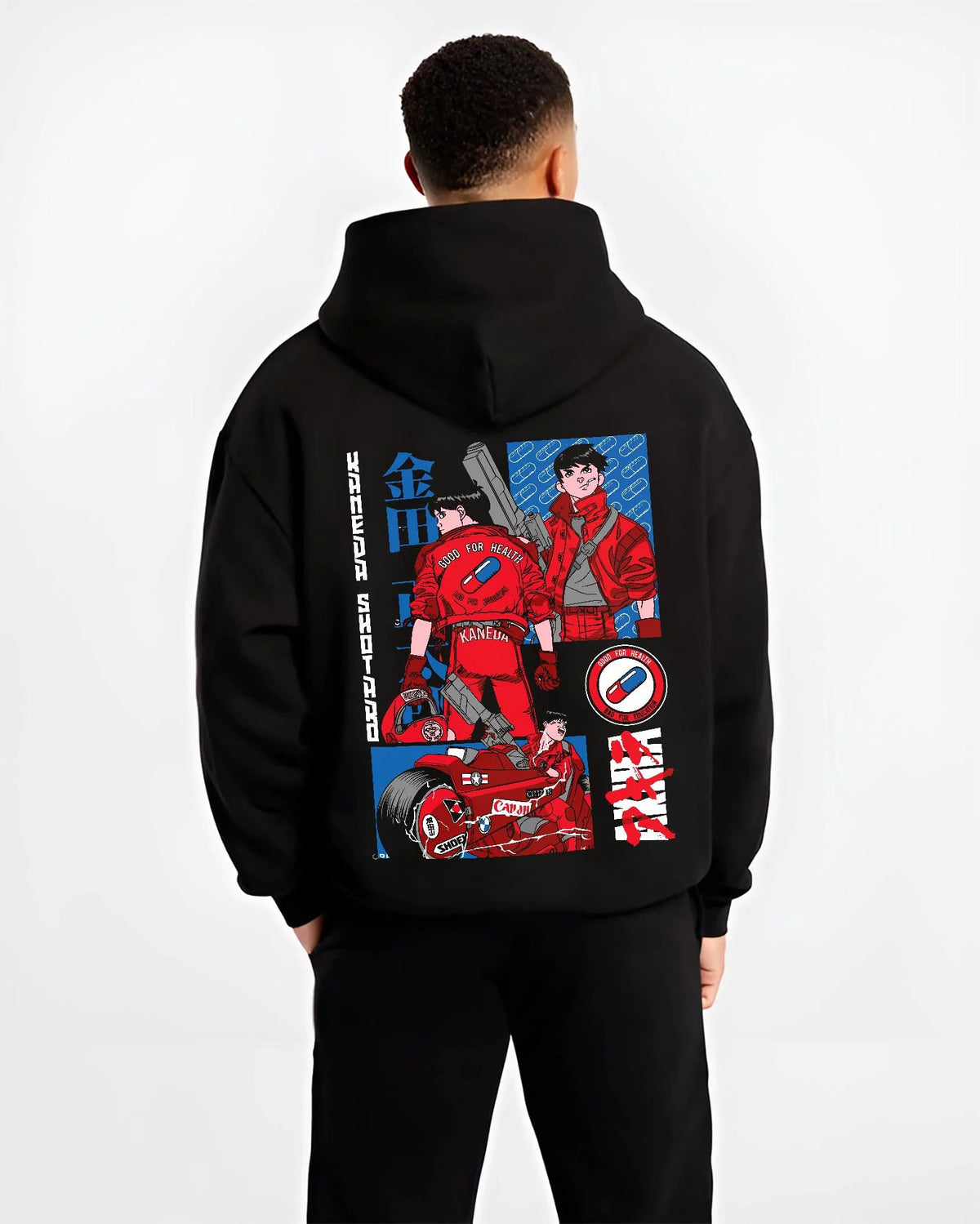 Black hoodie worn by male model from the back featuring Shotaro Kaneda red motorcycle Akira artwork.