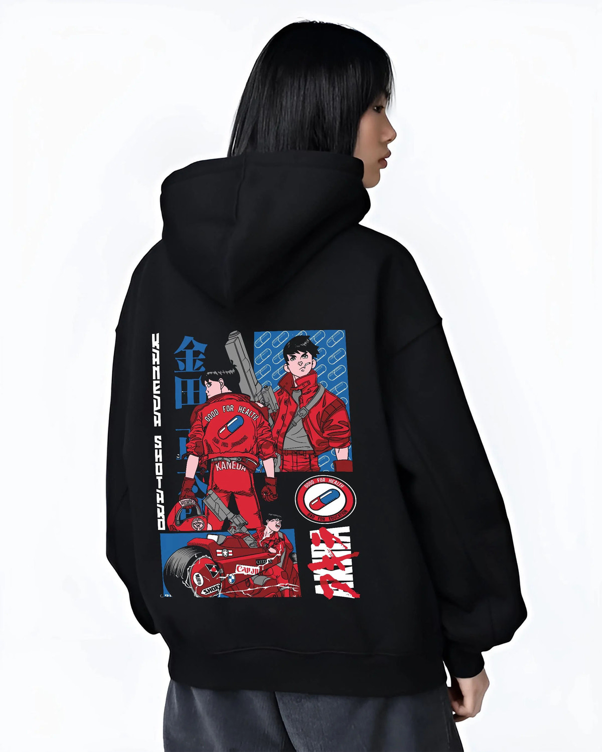 Black hoodie worn by female model from the back featuring Shotaro Kaneda red motorcycle Akira artwork.