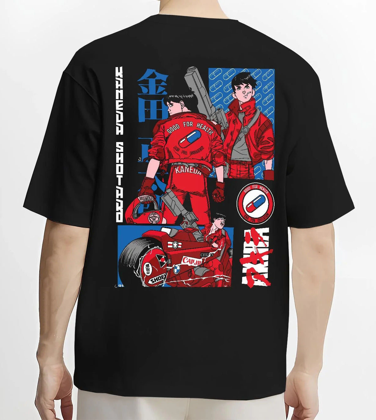 Black T-shirt worn by male model from the back featuring Shotaro Kaneda red motorcycle Akira artwork.