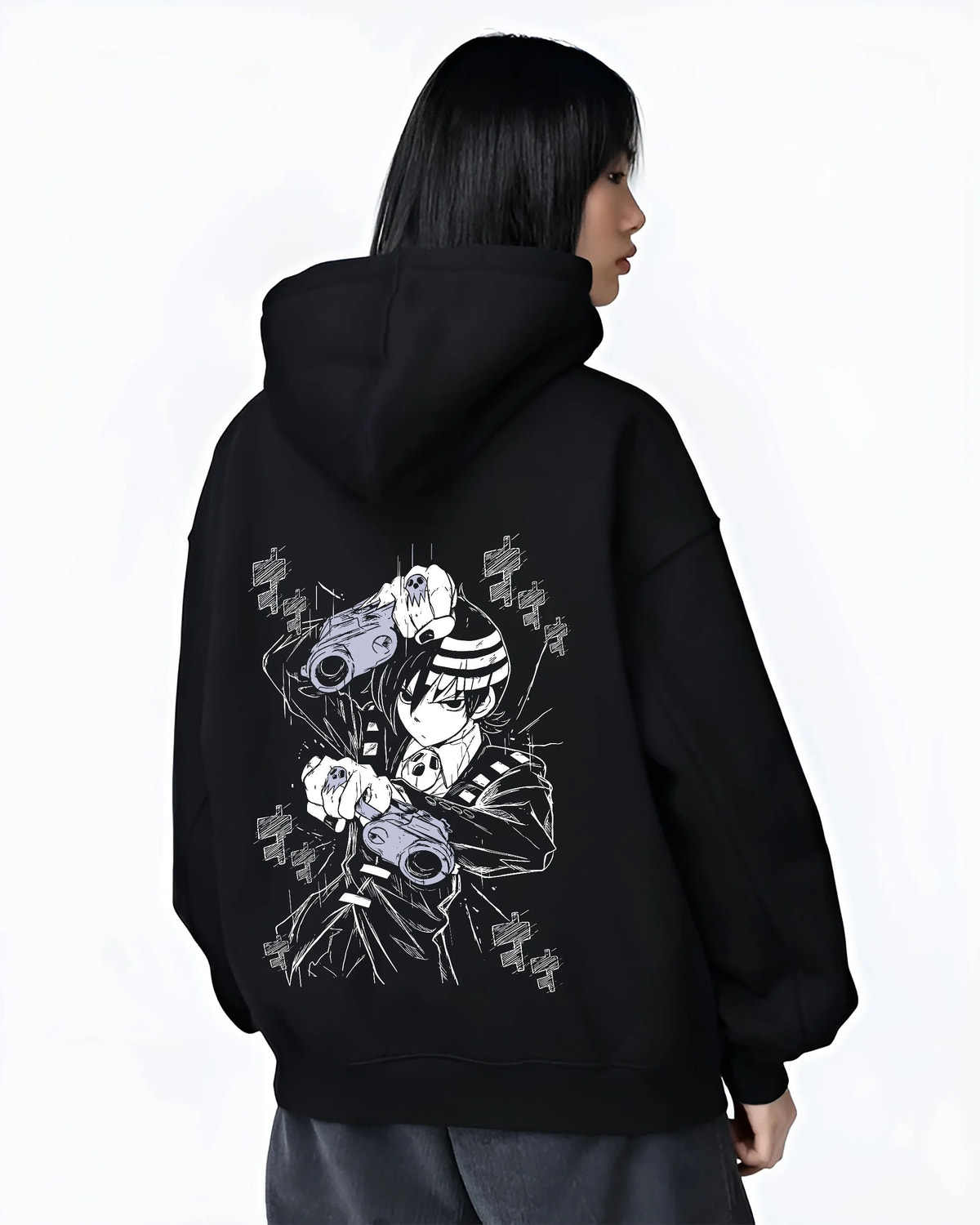 Death the Kid from Soul Eater holding dual pistols on female hoodie model back view