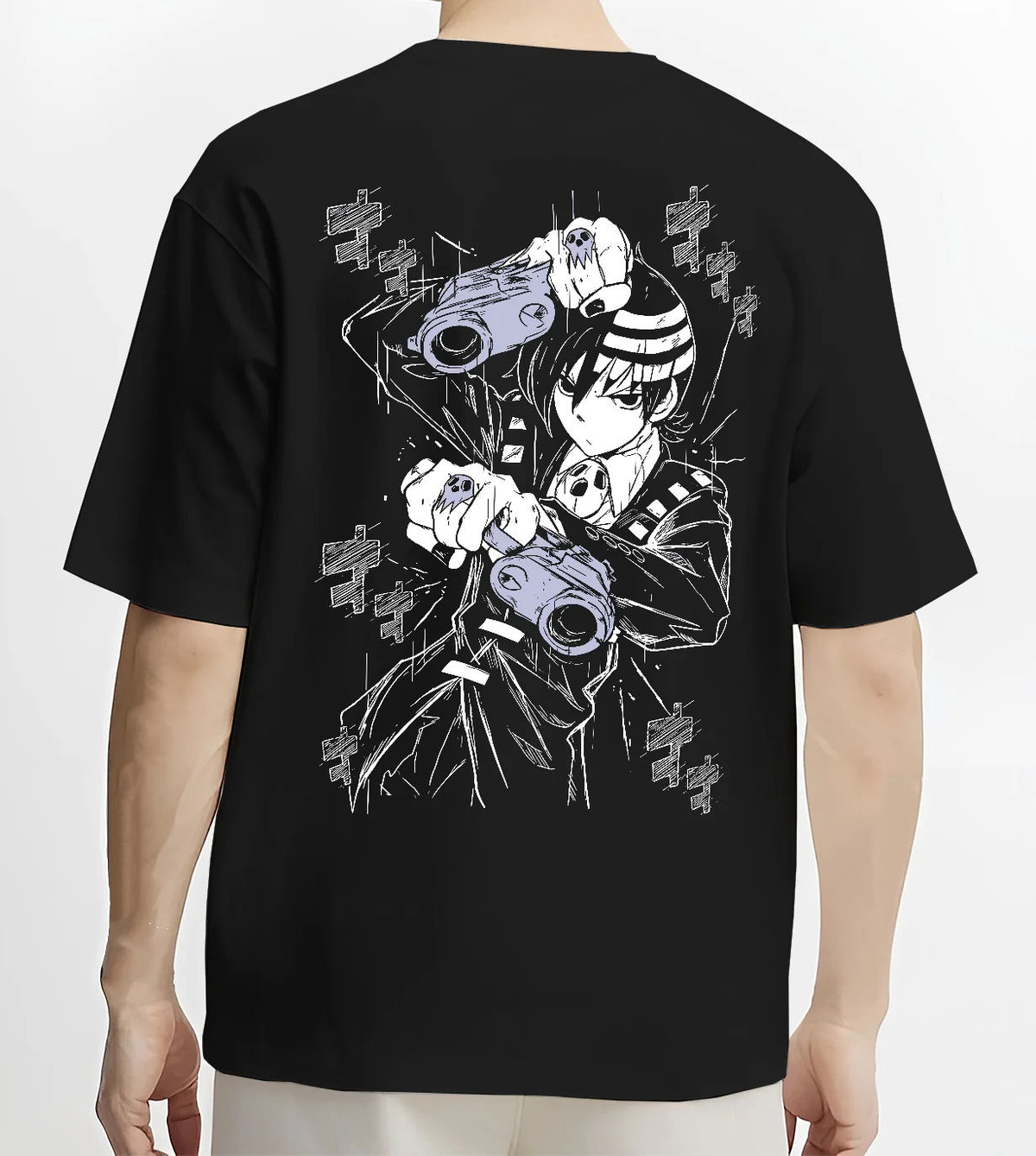 Death the Kid from Soul Eater holding dual pistols on black T-shirt model back view