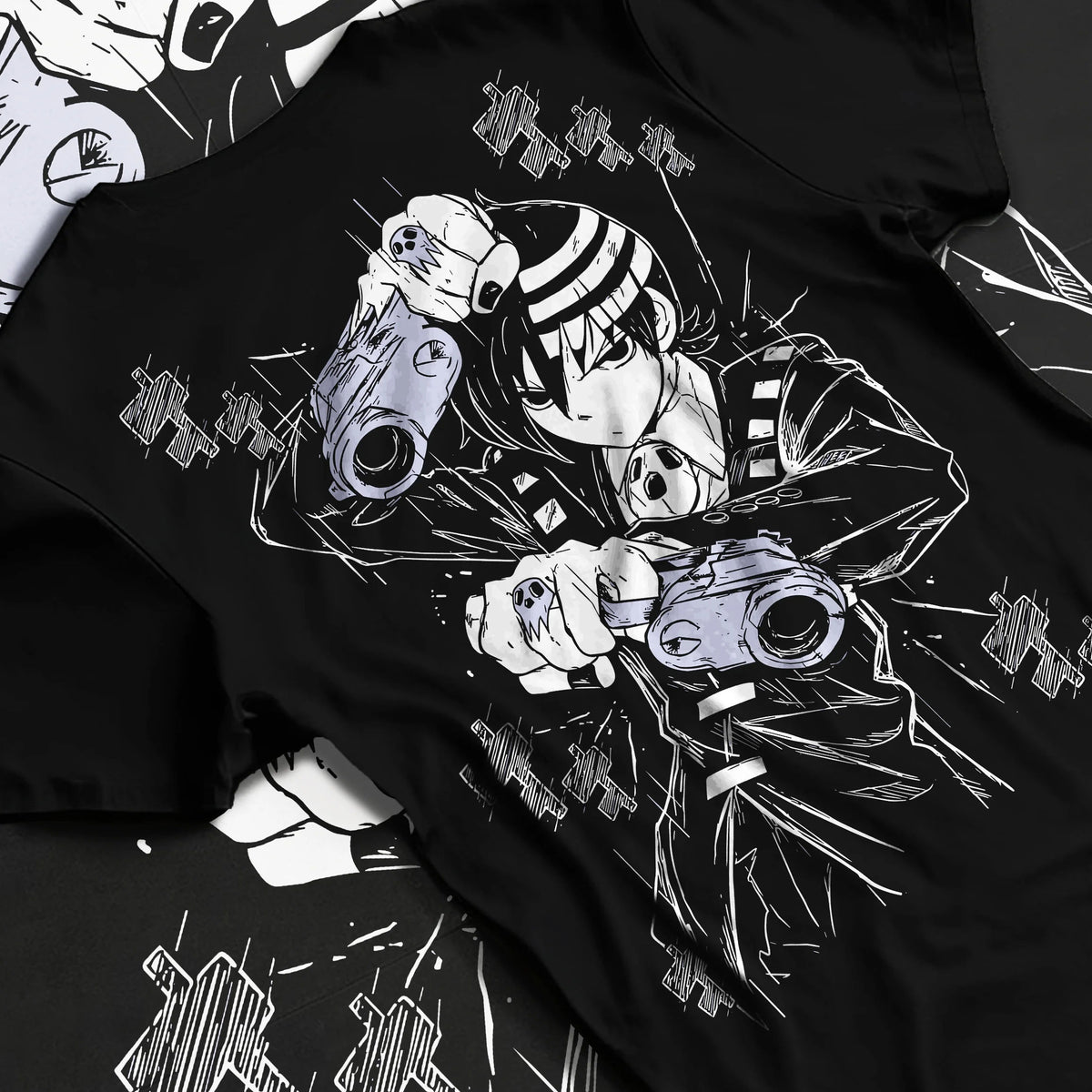 Death the Kid from Soul Eater holding dual pistols on graphic T-shirt flat lay