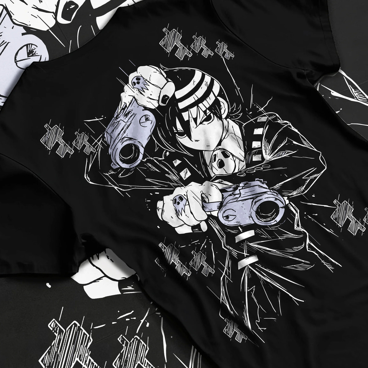 Death the Kid from Soul Eater holding dual pistols on graphic T-shirt flat lay
