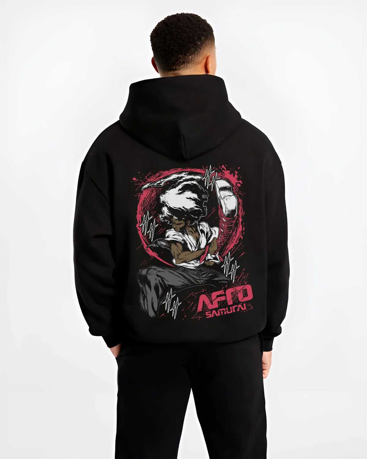 Black hoodie model back view showing Afro Samurai: close-up portrait