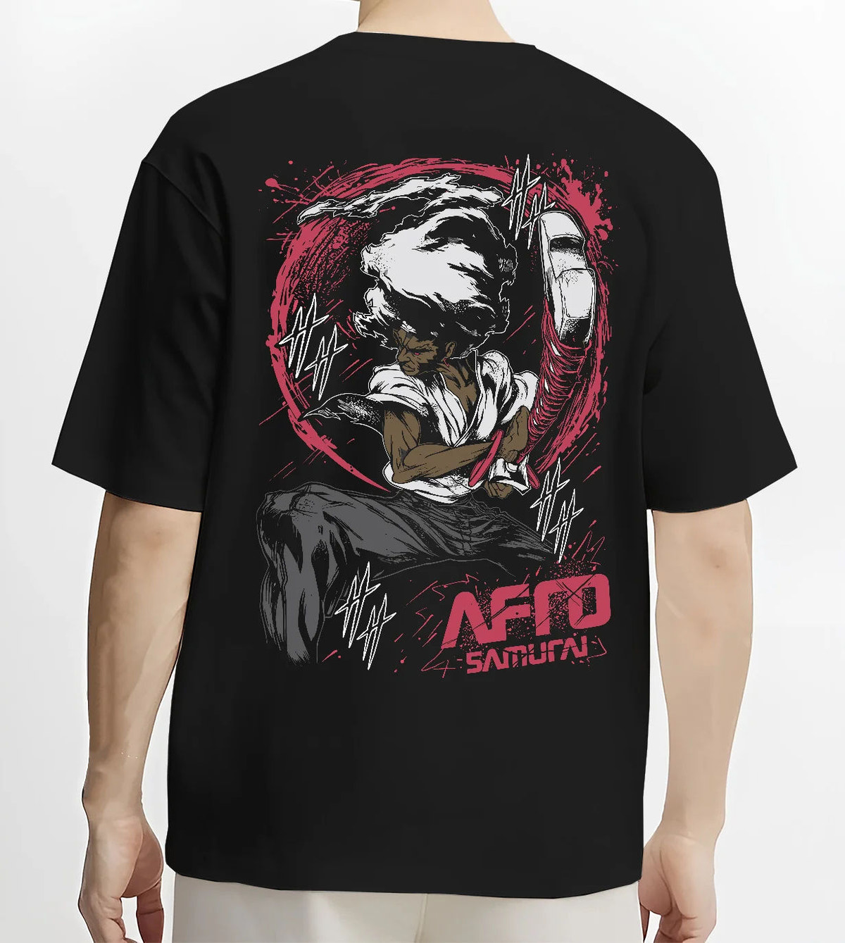 Black T-shirt model back view showing Afro Samurai: close-up portrait