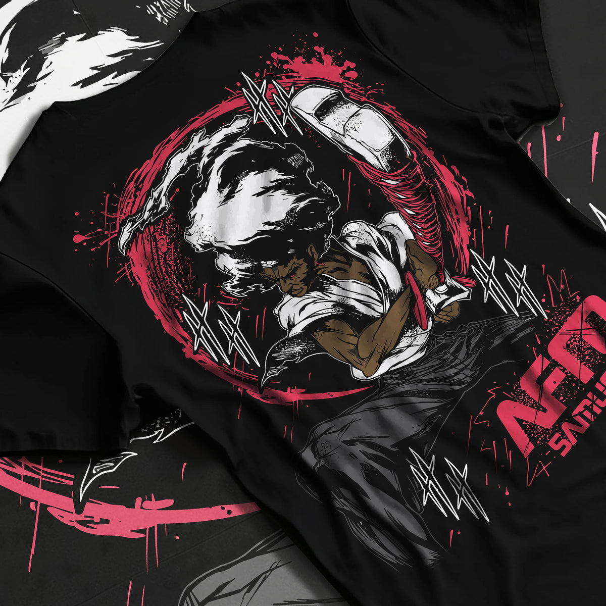 Black T-shirt flat back view showing Afro Samurai: close-up portrait