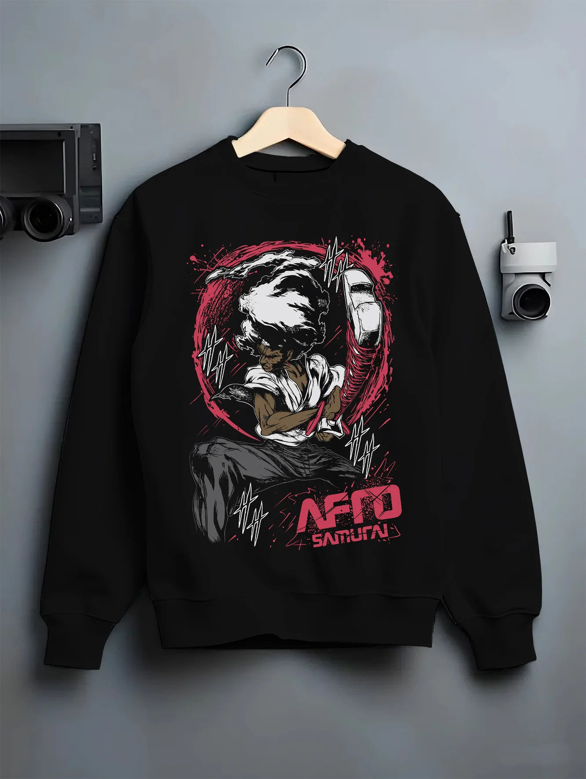Black crewneck sweatshirt on hanger showing Afro Samurai: close-up portrait