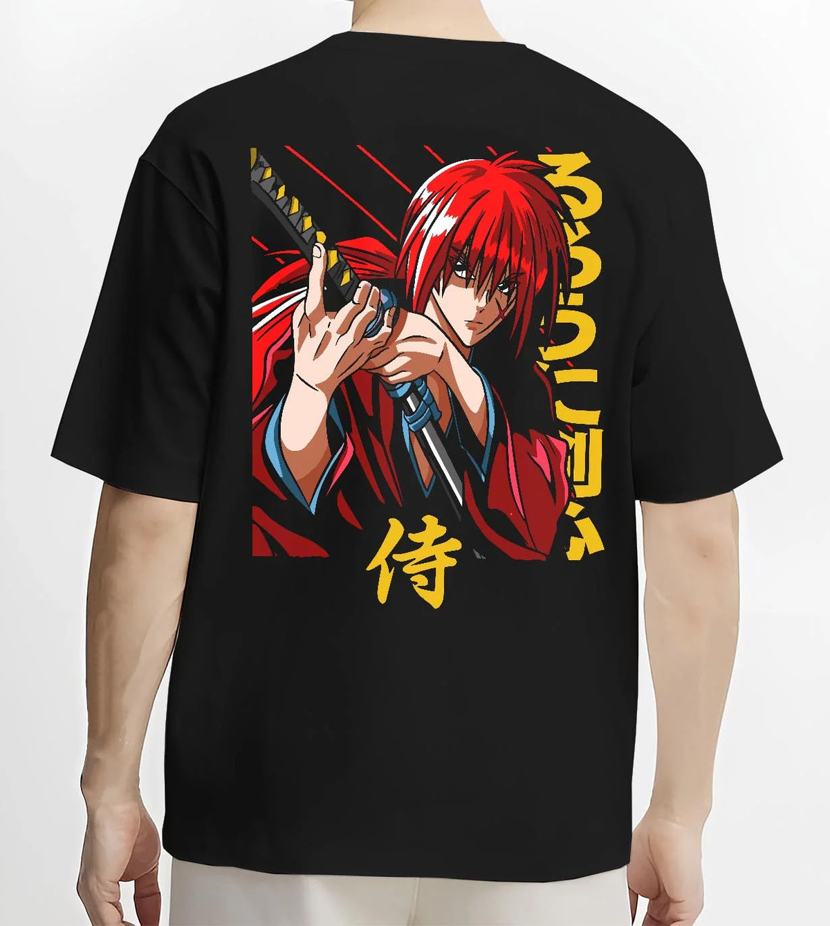 Black T-shirt worn by male model from the back featuring Kenshin Himura samurai sword Rurouni Kenshin artwork.