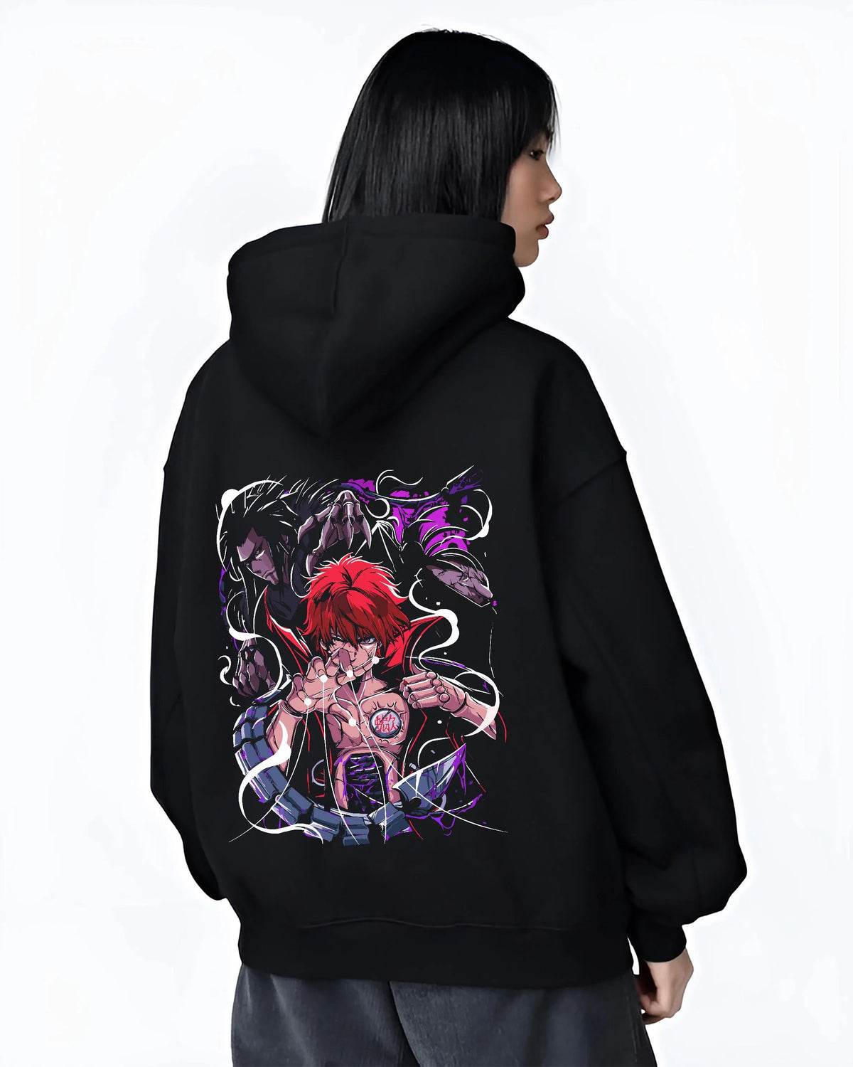 Black hoodie worn by female model from the back featuring Sasori of the Red Sand Naruto artwork.