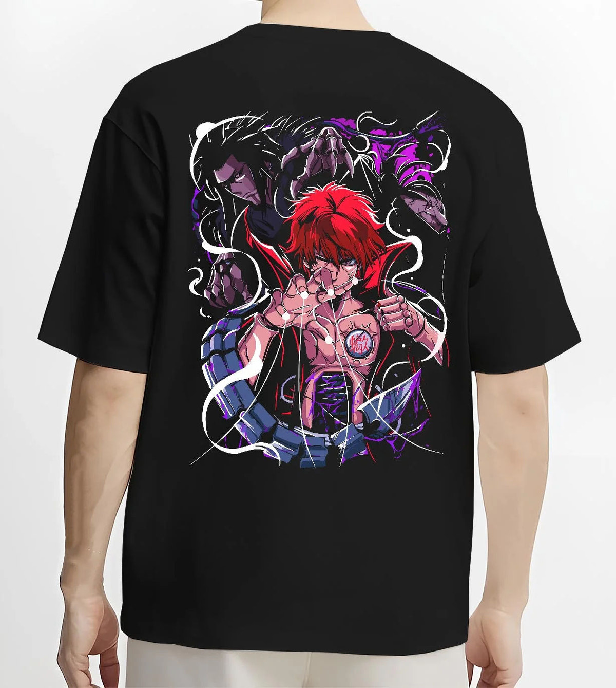 Black T-shirt worn by male model from the back featuring Sasori of the Red Sand Naruto artwork.