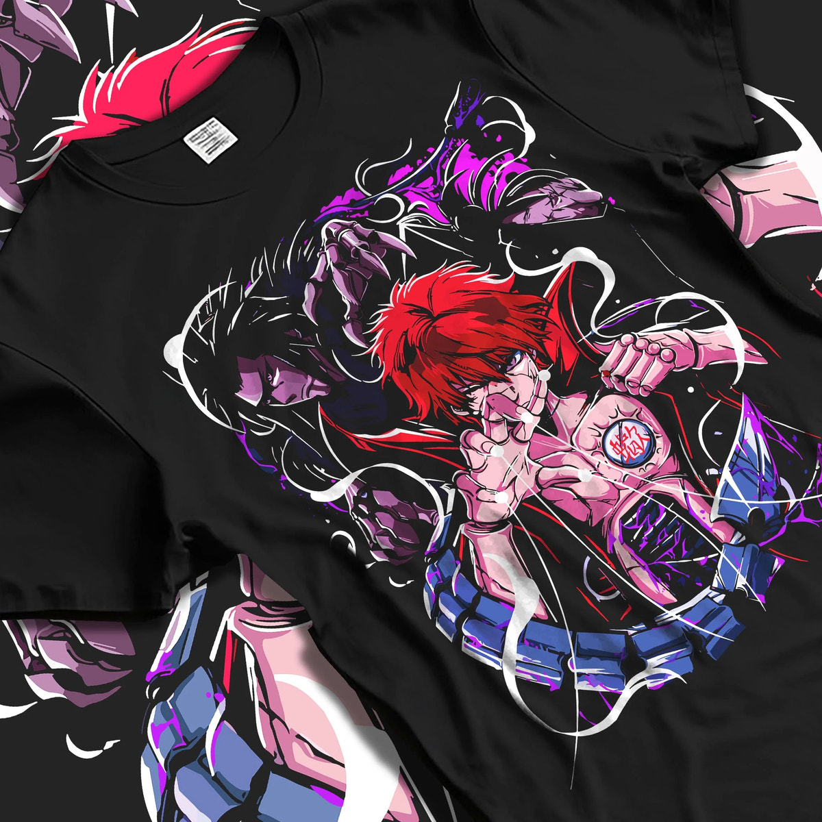 Black T-shirt laid flat with natural folds featuring Sasori of the Red Sand Naruto artwork.